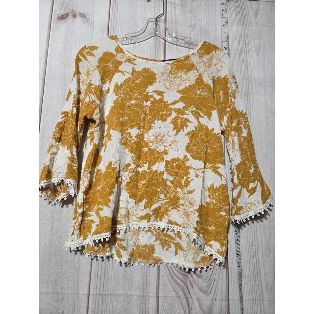 Papermoon Shirt Womens Medium White Mustard Floral Lace Trim 3/4 Sleeve Boho